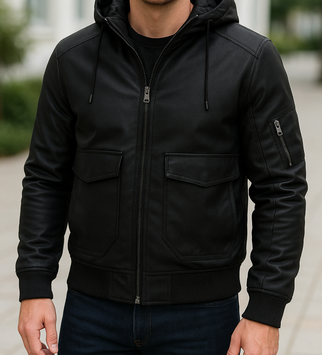 Teplá kožená bunda s odnímateľnou kapucňou