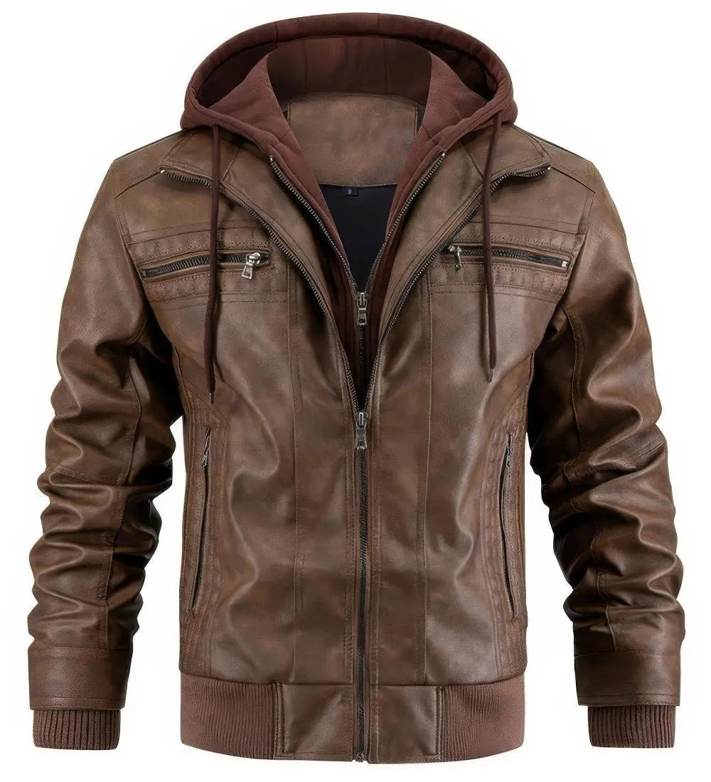 PU kožená bunda s kapucňou