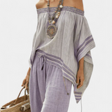 Bambusový top s pruhmi, s odhalenými ramenami a širokými kalhotami pre elegantný a svieži štýl