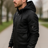 Teplá kožená bunda s odnímateľnou kapucňou