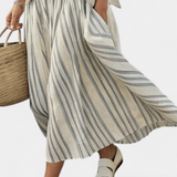 Súprava Casual Daisy s Oversize Tričkom a Midi Sukňou s Pruhy z Ľanového Bambusu pre Elegantný a Pohodlný Štýl