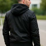 Teplá kožená bunda s odnímateľnou kapucňou