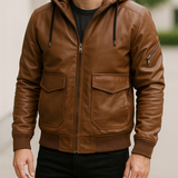 Teplá kožená bunda s odnímateľnou kapucňou