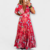 Catrisa - Kvetinový vzor V-krk šaty s kapsami