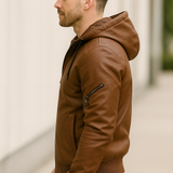 Teplá kožená bunda s odnímateľnou kapucňou