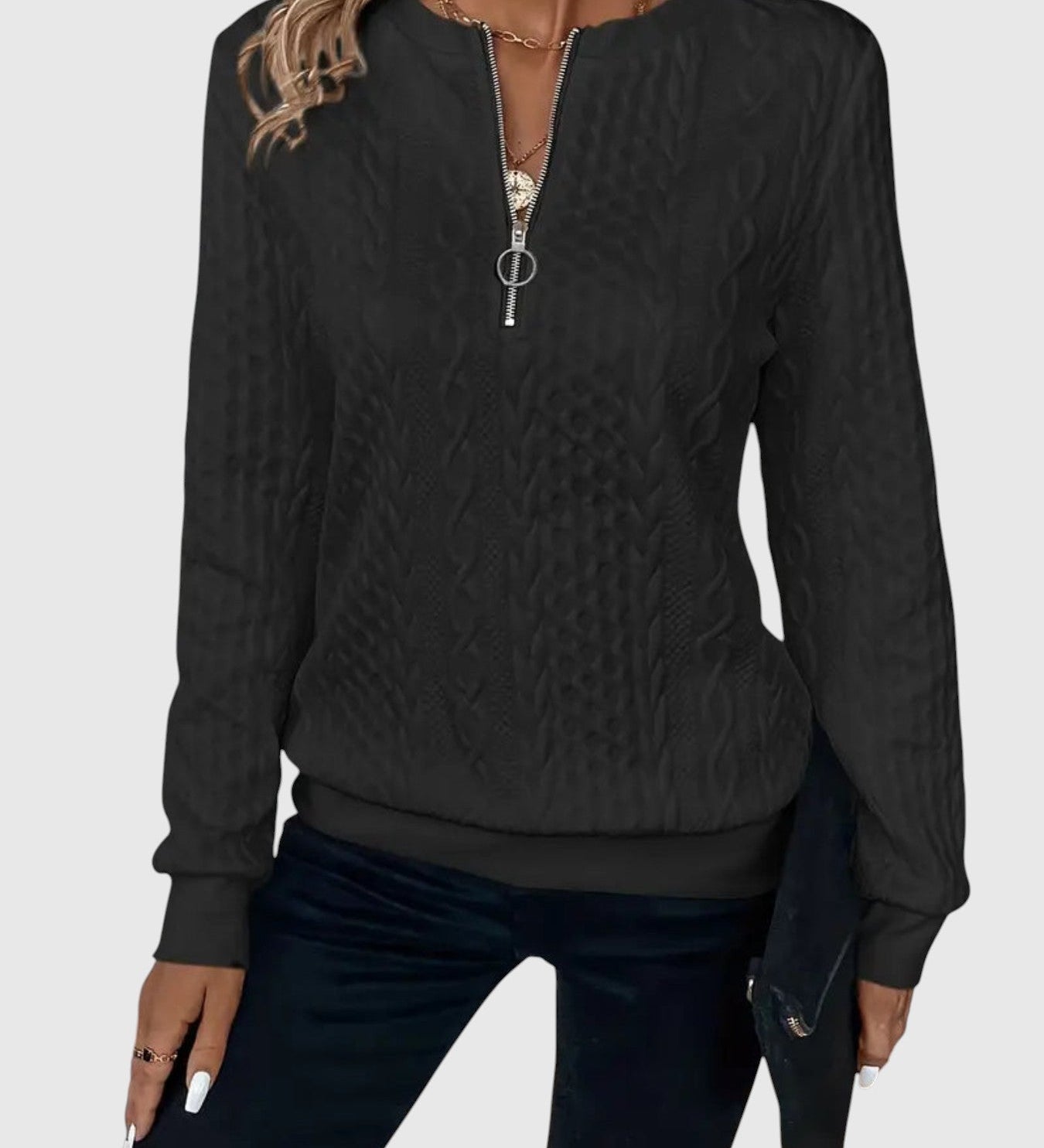 Amalie - Pletený sveter s copánkovým vzorom na zips