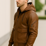 Teplá kožená bunda s odnímateľnou kapucňou