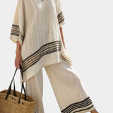 Súprava Stredomoria Daisy z bambusového ľanu s elegantnými červenými a zelenými pruhmi