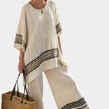 Súprava Stredomoria Daisy z bambusového ľanu s elegantnými červenými a zelenými pruhmi