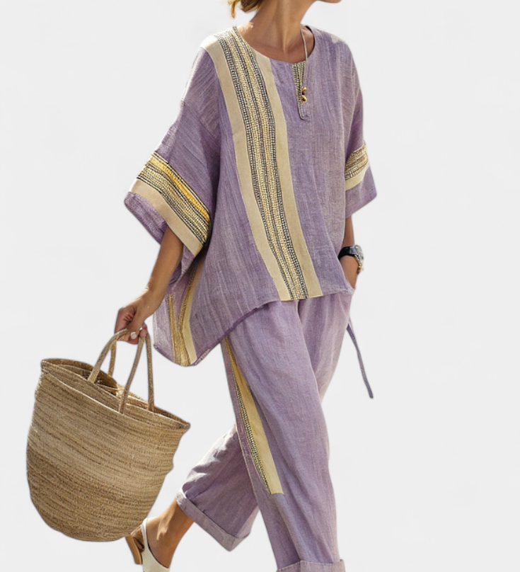 Sada z ľanového bambusu s očarujúcou levanduľou a detailmi v žltom pruhu