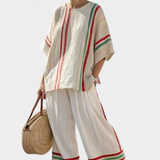 Súprava Mediterranean Daisy z bambusového ľanu s elegantnými červenými a zelenými pruhmi