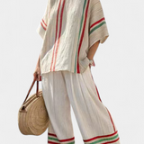 Súprava Mediterranean Daisy z bambusového ľanu s elegantnými červenými a zelenými pruhmi