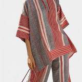 Oversize Daisy Salopeta z Lnu s Pruhy v Červenej Korálovej a Šedej, Moderný a Pohodlný Štýl