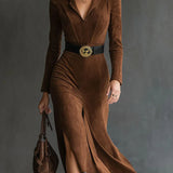 Felicity Retro Western Štýl Golierový Falošný Semiš Rozparkový Midi Šaty (vrátane pásu)