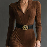 Felicity Retro Western Štýl Golierový Falošný Semiš Rozparkový Midi Šaty (vrátane pásu)