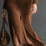 Felicity Retro Western Štýl Golierový Falošný Semiš Rozparkový Midi Šaty (vrátane pásu)