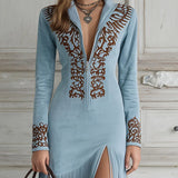 Ophelio Western Half-Zip Vyšívané Faux Suede Fringe Maxi Šaty