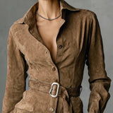 Šaty z semišu s jedným gombíkom a klopou, dlhý rukáv, midi dĺžka (vrátane pásku)