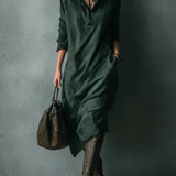 Isna Zelené Voľné Suedové Sako Midi Šaty s Dlhým Rukávom