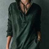 Isna Zelené Voľné Suedové Sako Midi Šaty s Dlhým Rukávom