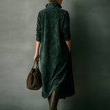 Isna Zelené Voľné Suedové Sako Midi Šaty s Dlhým Rukávom
