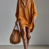 Šaty midi s voľným límcom a potlačou, V-výstrih, dlhý rukáv