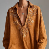 Šaty midi s voľným límcom a potlačou, V-výstrih, dlhý rukáv