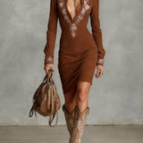 Arawen Béžové Slim Suede Krk Kvetinové Klopové Midi Šaty