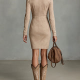 Arawen Béžové Slim Suede Krk Kvetinové Klopové Midi Šaty