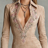 Arawen Béžové Slim Suede Krk Kvetinové Klopové Midi Šaty