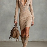 Arawen Béžové Slim Suede Krk Kvetinové Klopové Midi Šaty