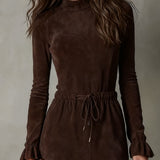 Cecily Elegantné tmavo hnedé semišové midi šaty s šnúrkou