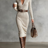 Delphino Slim Fit Polokošile V-Krk Dlhý Rukáv Pletené Šaty s Páskom Midi