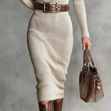 Delphino Slim Fit Polokošile V-Krk Dlhý Rukáv Pletené Šaty s Páskom Midi