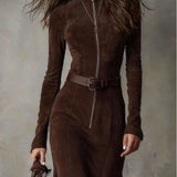 Hnedé vintage midi šaty so zipsom a pásikom (vrátane pásika)