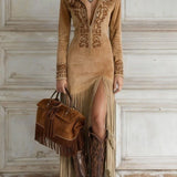 Ophelio Western Half-Zip Vyšívané Faux Suede Fringe Maxi Šaty