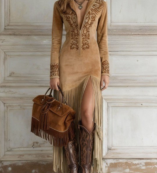 Ophelio Western Half-Zip Vyšívané Faux Suede Fringe Maxi Šaty
